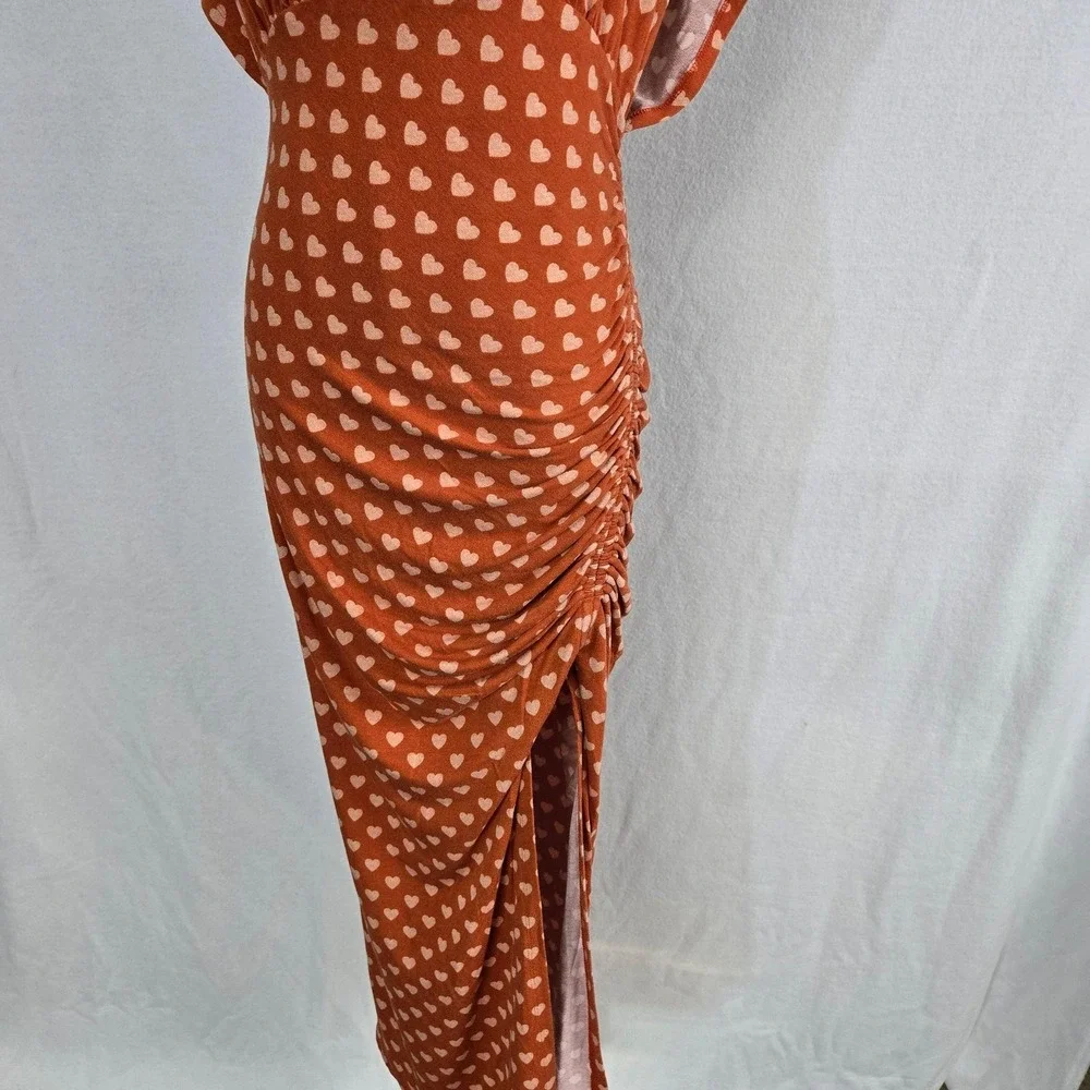 Free People Dress Womens S Orange Maxi Bodycon Polka Dot Ruched Cutout Back